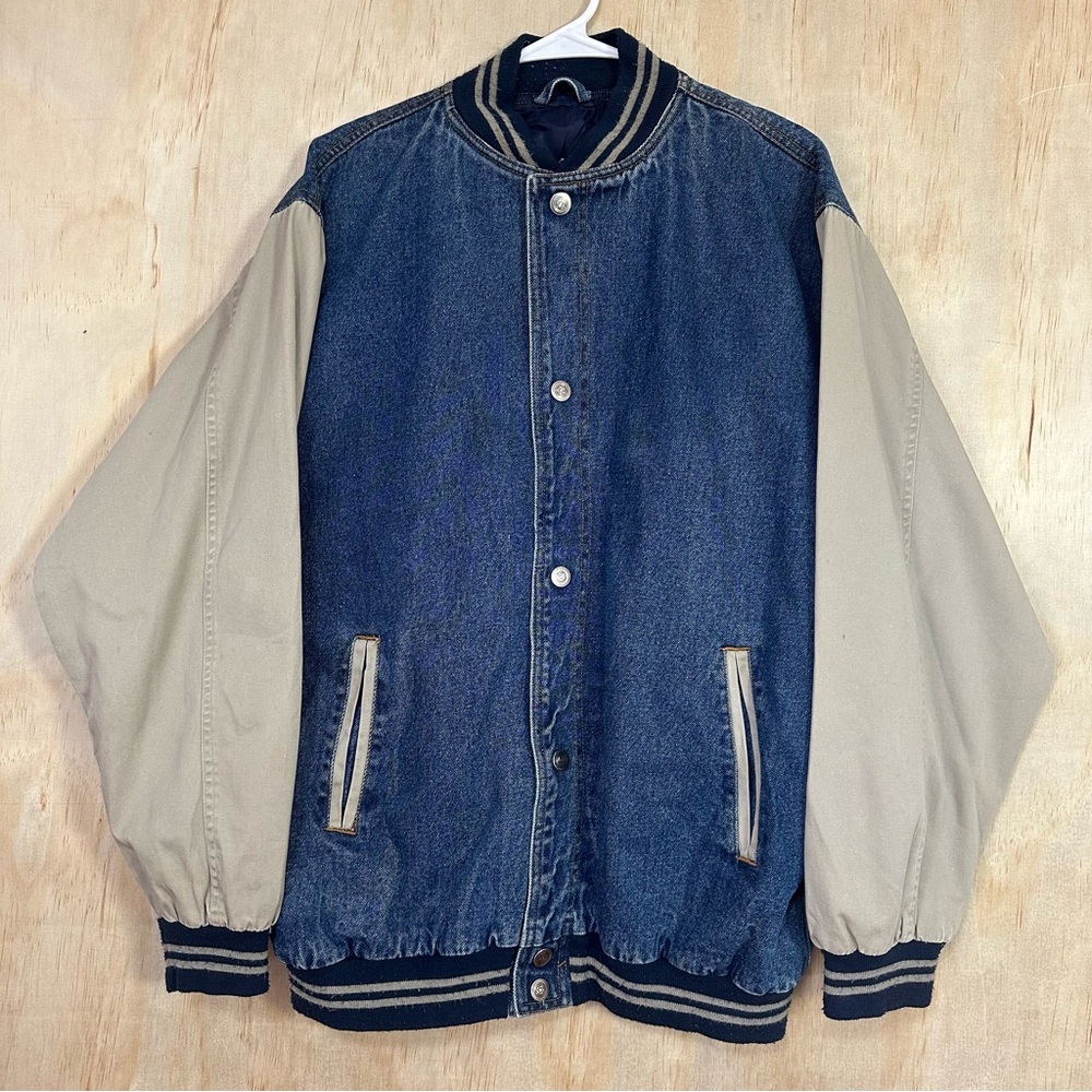 Vintage Fallen Heroes Military Bomber Denim Jacket Snap Button 90s Style Baggy M - Picture 2 of 15